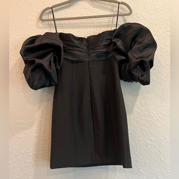 CINQ A SEPT Teo Off Shoulder Puff Sleeve Mini Dress Satin Crepe Black - Picture 4 of 10